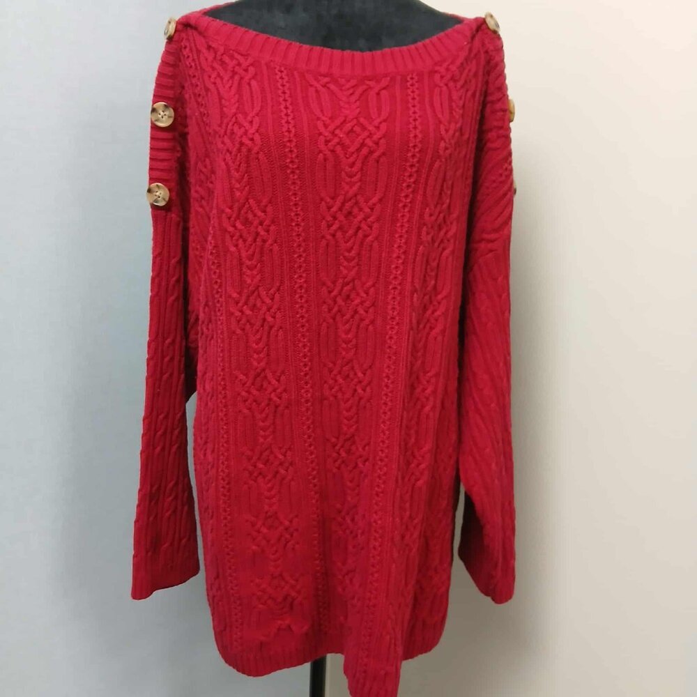 Jeanne Pierre Size 3X Red Cable Knit Sweater Top Boat Neck Button accents